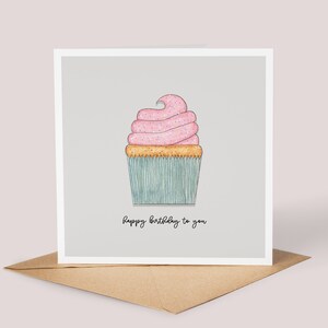 Handgemaakte verjaardagskaart, cupcake // aquarel kaart verjaardagstaart, voor haar, handgeschilderde illustratie