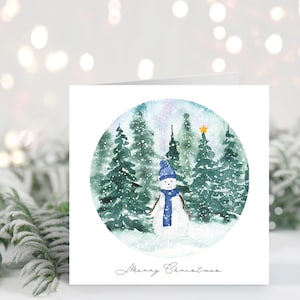 Cartão de Natal feito à mão de boneco de neve // Cena de Natal em aquarela, Cartão de Natal, Floresta nevada, Cartão de Natal de boneco de neve