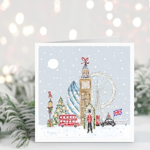 Handgemachte Weihnachtskarte London // London At Christmas, Aquarell Weihnachtsszene, Feiertagskarte, Verschneites London, Big Ben, London Eye