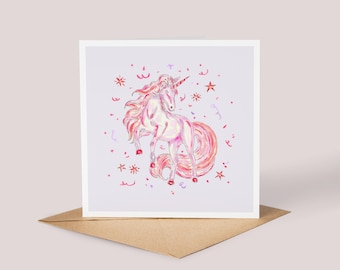 Watercolor Unicorn Birthday Card, Hand-Painted Art