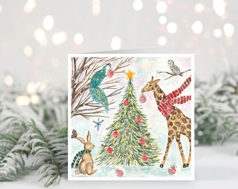 Handgemachte bemalte Aquarell Weihnachtskarte, Giraffe, Pfau, Schneeeule, Kaninchen Aquarell Feiertagskarte, saisonale Karte