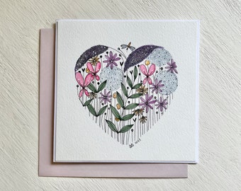 Hand Painted Heart Card // Birthday, Anniversary, Mothers Day, Floral, Greetings, Watercolour