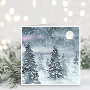Tarjeta navideña hecha a mano // Bosque de acuarela, tarjeta navideña, escena invernal, nevado, naturaleza, botánica
