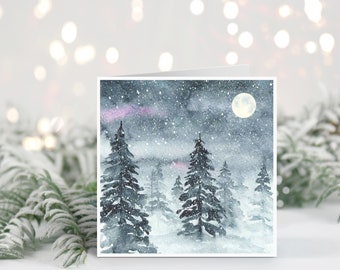 Carte de Noël faite main // aquarelle forêt, carte de vœux, scène d'hiver, enneigé, nature, botanique