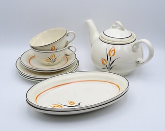 Koninklijke Plateelbakkerij Zuid-Holland Gouda ceramic tea set, Dutch ceramics, vintage design ceramics, orange tulip decor