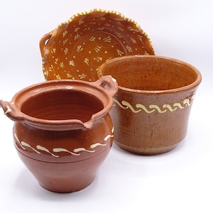 Collection of slipware pottery items, terracotta slipware, vintage earthenware, country home decor