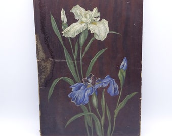 Antique flower still life on wood panel, iris flowers painting, floral painting, floral still life