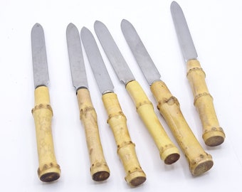 Mid century bamboo handled stainless steel knives, Dutch kitchen knives, small kitchen knives