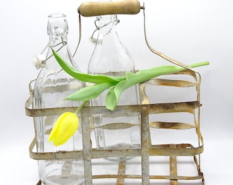 Vintage Bottle Rack with Two Vintage Glass Bottles, Rustic Style, Farmhouse Kitchen, Country Kitchen, Rustic Decor, Rustic Kitchen