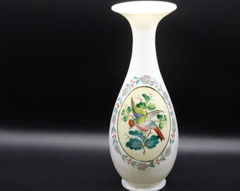 Vintage bird decorated white glass vase, hand blown vase, decorative vase, handpainted vase, hand decorated vase