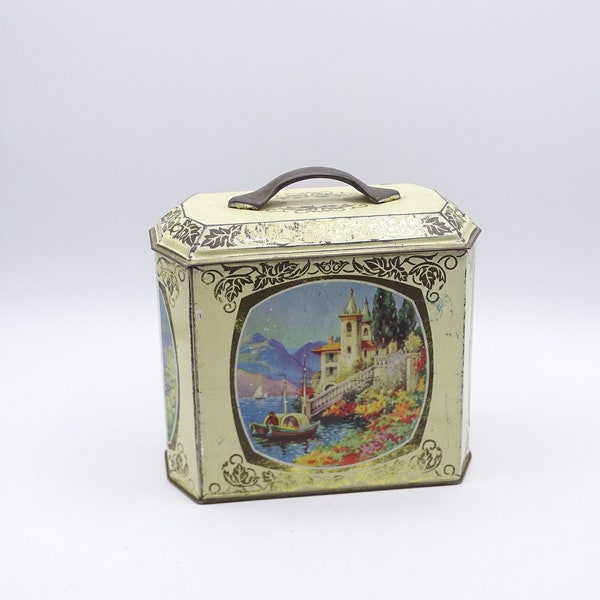 Vintage decorative biscuit tin, mid century biscuit tin, holiday decor, mediterranean