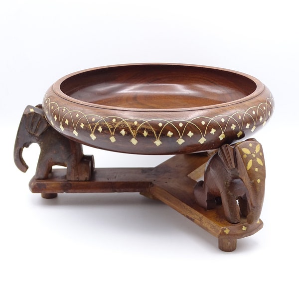 Wooden inlay bowl on an elephant stand, Asian home decor, Indian home decor, kneeling elephants