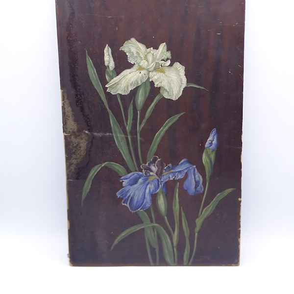 Antique flower still life on wood panel, iris flowers painting, floral painting, floral still life