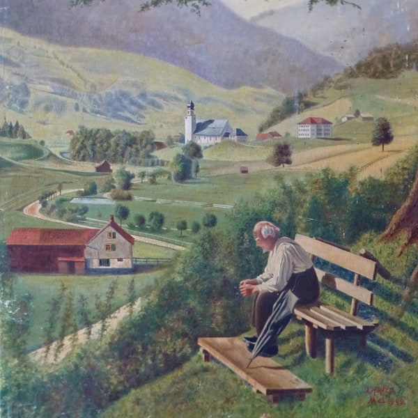 1949, peinture à l'huile de paysage naïf à bord, peinture de paysage suisse, art naïf, peinture à l'huile naïf, peinture de paysage de Schwendetal