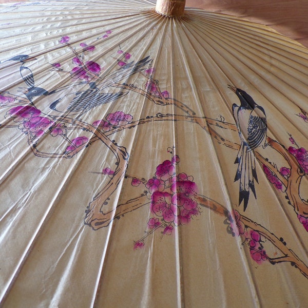 parasol asiatique en papier vintage décoré d’oiseaux, parapluie en papier asiatique, décoration intérieure asiatique