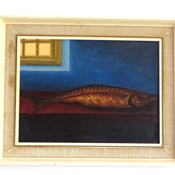 Mid century fish still life oil painting on canvas, mid century art