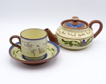 Torquay pottery teapot and teacup, Torquay ware, British pottery, British ceramics, Devon pottery