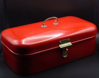 Red Enamel Bread Bin, Enamel Bread Box, Vintage Kitchen, Vintage Enamelware