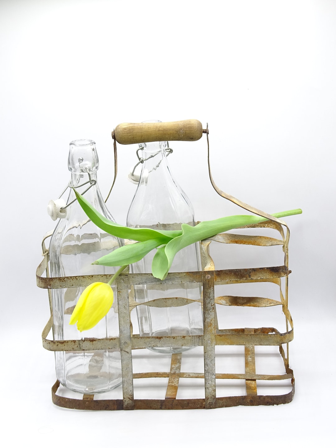 Vintage Bottle Rack With Two Vintage Glass Bottles, Rustic Style, Farmhouse Kitchen, Country