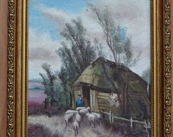 Klein vintage olieverfschilderij met pastoraal landschap
