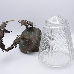 Antique pendant light with a decorated glass shade, antique lighting, unrestored antique lamp