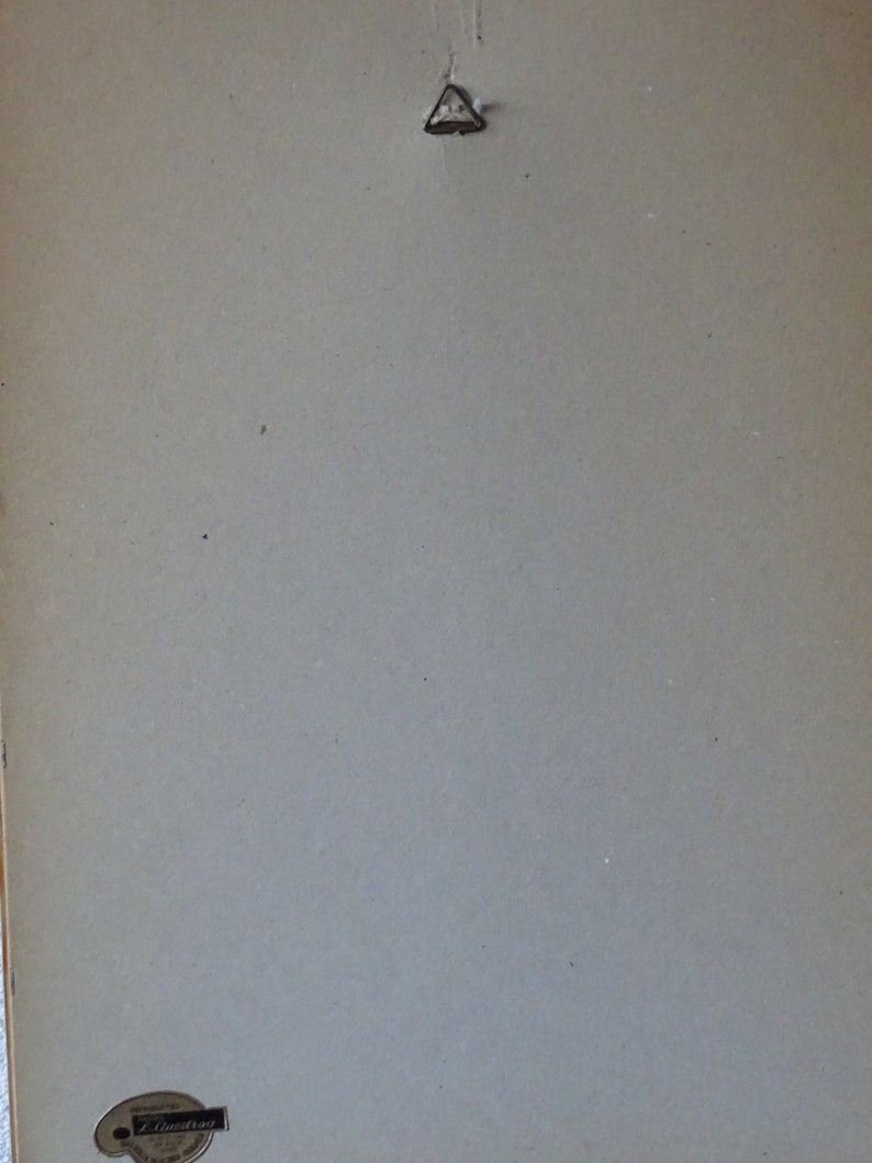 May include: A white, rectangular, framed picture with a small, silver triangle hanging hook at the top. The bottom right corner has a black and white label with the text "L. Amstrong".