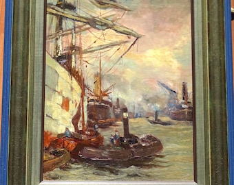 Jan Sirks (1885-1938) (toegeschreven) olieverfschilderij op paneel van een havenlandschap