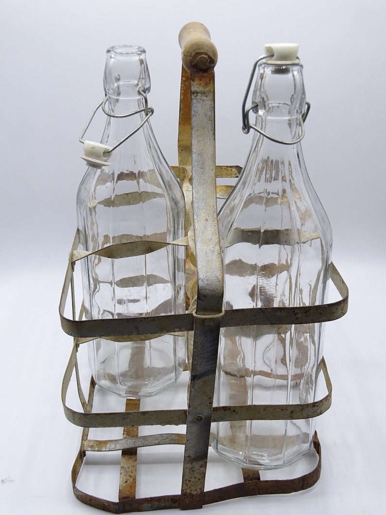 Vintage Bottle Rack With Two Vintage Glass Bottles Rustic Etsy
