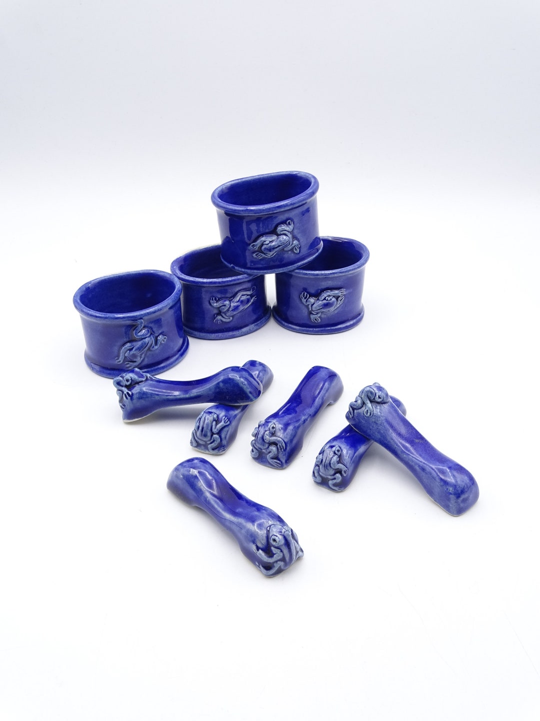 Blue Ceramic, Frog Decorated, Napkin Rings and Knife Rests, Vintage ...