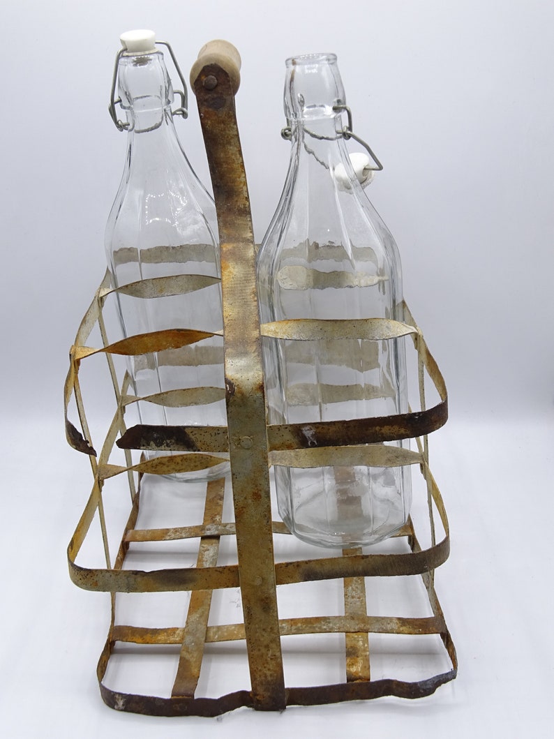Vintage Bottle Rack With Two Vintage Glass Bottles Rustic Etsy