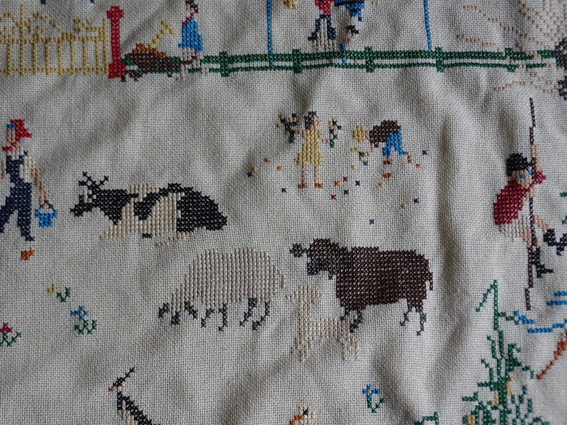 Vintage Cross Stitch Embroidery Wall Hanging Farm Life Etsy