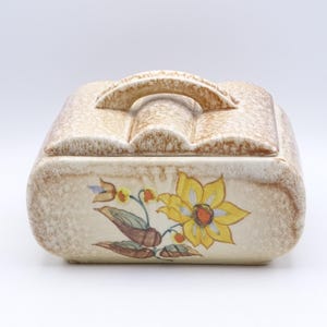 Peut inclure: Un récipient en céramique vintage avec couvercle et poignée. Le récipient beige présente un motif floral avec des fleurs jaunes et oranges, des feuilles vertes et des accents bruns. Le couvercle a une surface texturée.