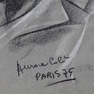 May include: Black and white drawing with a signature that reads "Aurora Colec PARIS 75".