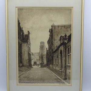 Etching of a Rotterdam Street Scene, Vintage Etching, Vintage Art, Dutch Artist