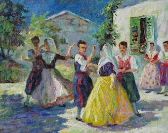 Kolorowy taniec ludowy obraz olejny na płycie pilśniowej, sztuka vintage, malarstwo olejne vintage, sztuka outsiderów