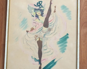May include: Framed vintage watercolor painting of a showgirl in a can-can pose. The artwork features a woman in a pink and white dress, black stockings, and a large hat. The painting is signed "Alice Huertas Paris" and "Moulin Rouge".