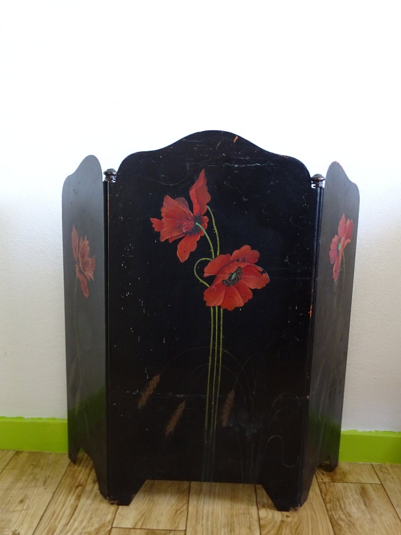 Fabulous metal fireplace decorated with hand painted poppies, stately home decor, Edwardian home decor image 1