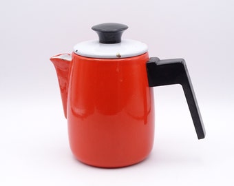 Vintage enamel teapot, small red white black enamel teapot