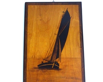 Scorched wood painting of a sailboat, Dutch folk art painting, Dutch sailboat, sailing themed