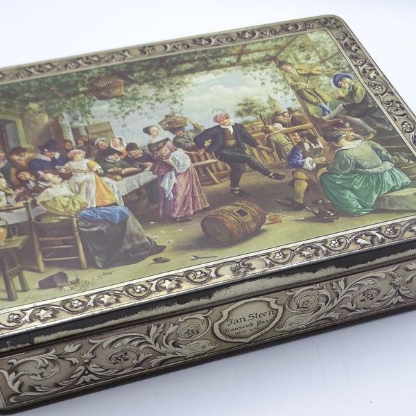 Large storage tin, lid decorated with an image of Jan Steen's painting 'Dancing Couple'