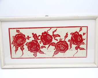 1983 red roses linocut print or woodcut print, vintage art, eighties art