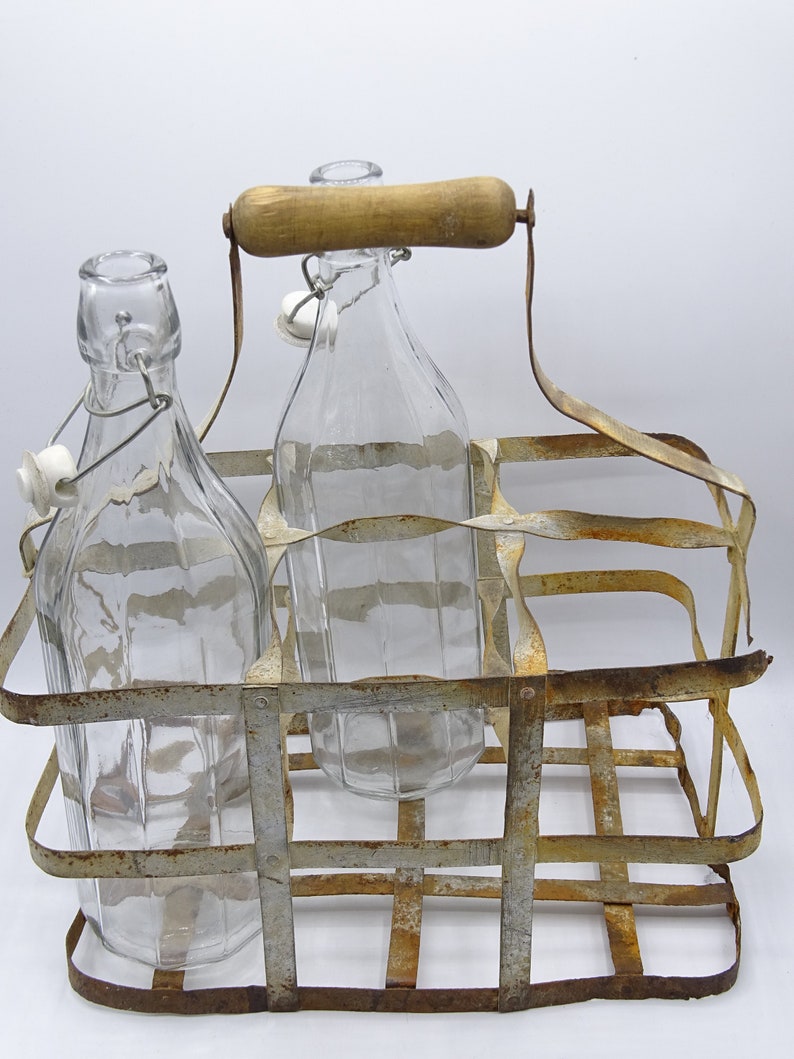 Vintage Bottle Rack With Two Vintage Glass Bottles Rustic Etsy