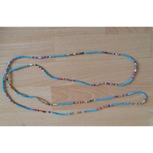 Long turquoise and multi coloured seedbead necklace 58&quot; long boho hippie festival beach love