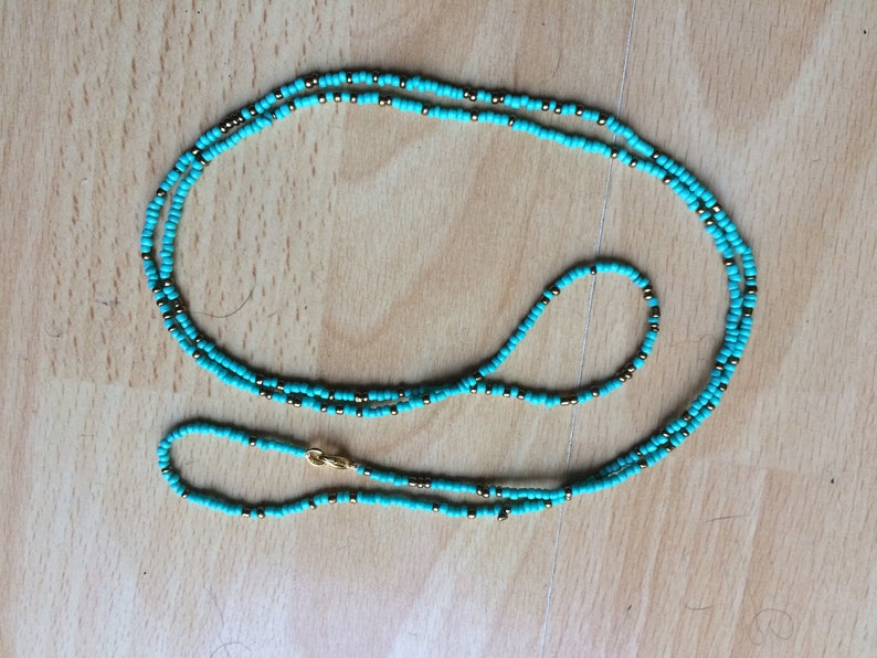 African style Waist Beads Turquoise and gold tone seedbeads single strand body jewellery image 2