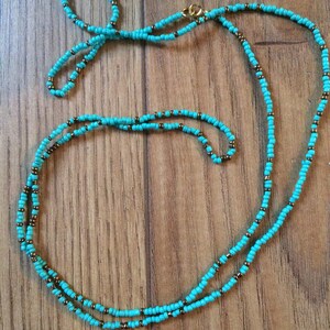 African style Waist Beads Turquoise and gold tone seedbeads single strand body jewellery image 3