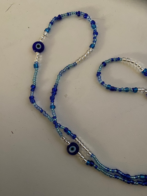 Evil eye protection African style waist beads blue and silver