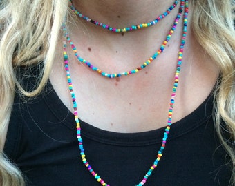 Multi coloured seed bead necklace boho festival hippie beach 56" long