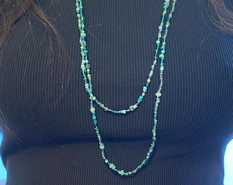 Mixed teal/turquoise coloured glass seed bead necklace boho festival hippie beach 56" long
