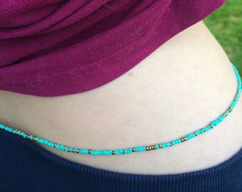 African style Waist Beads Turquoise and gold tone seedbeads single strand body jewellery