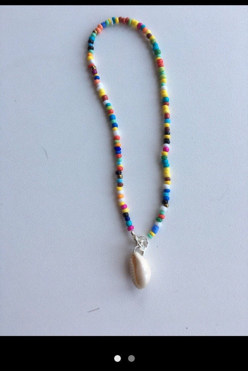 Seedbead anklet with shell charm Multi coloured beach surf festival hippie